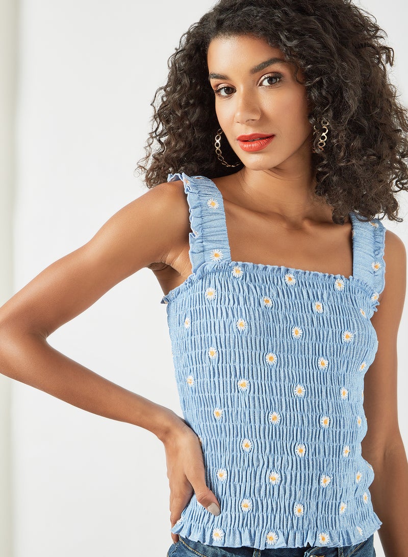 PIECES - Shirred Floral Print Top Blue - Image 1