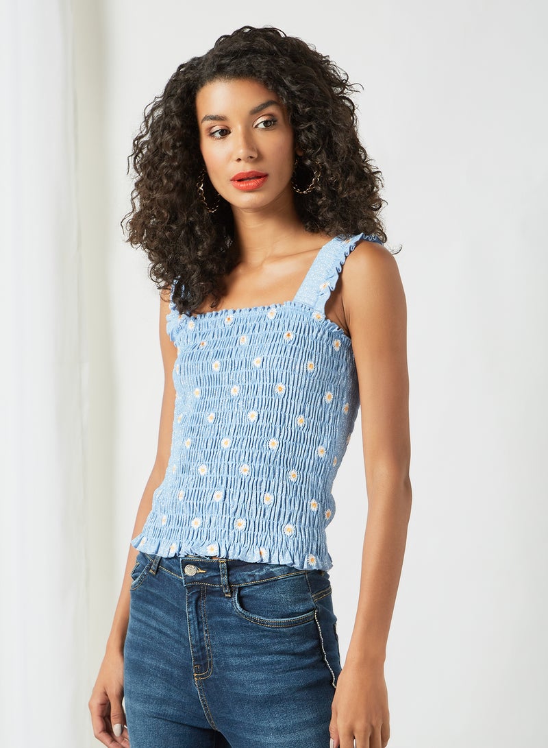 PIECES - Shirred Floral Print Top Blue - Image 1