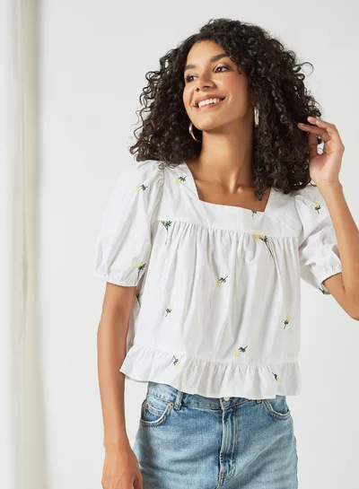 PIECES Floral Print Crop Top White