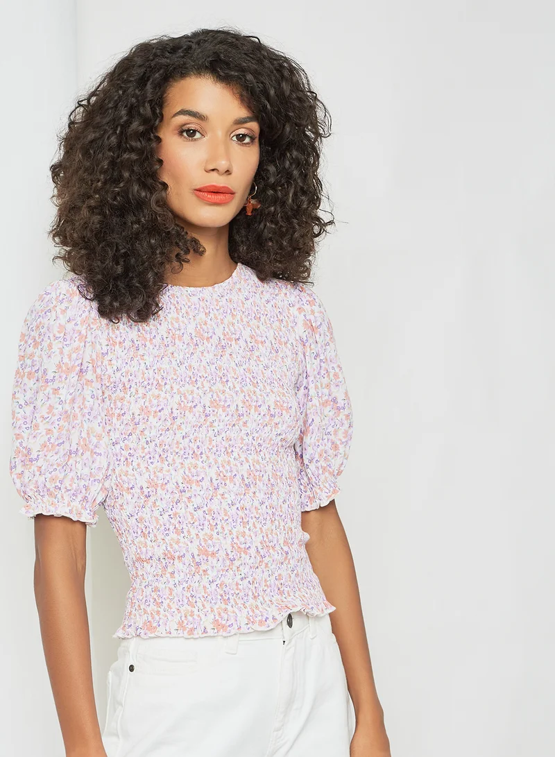 PIECES Shirred Floral Print Top