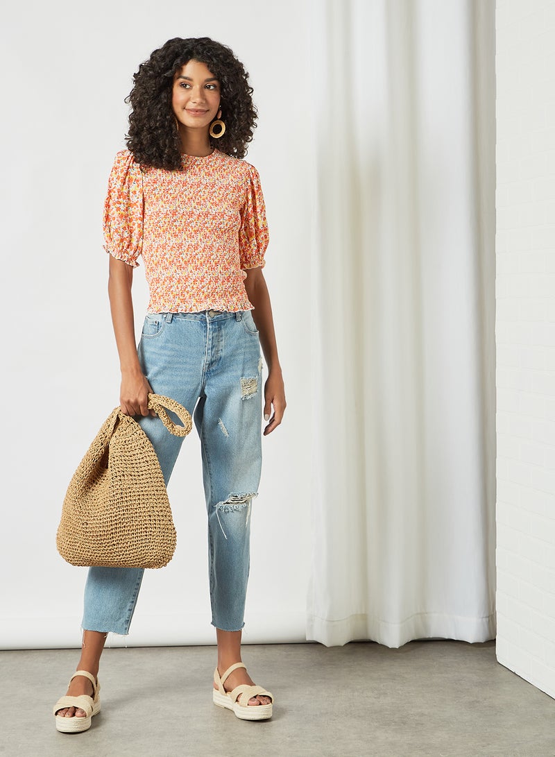 PIECES - Shirred Floral Print Top Multicolour - Image 1