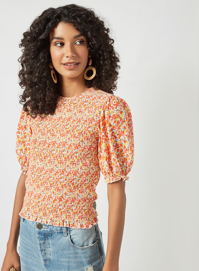 PIECES - Shirred Floral Print Top Multicolour - Image 1