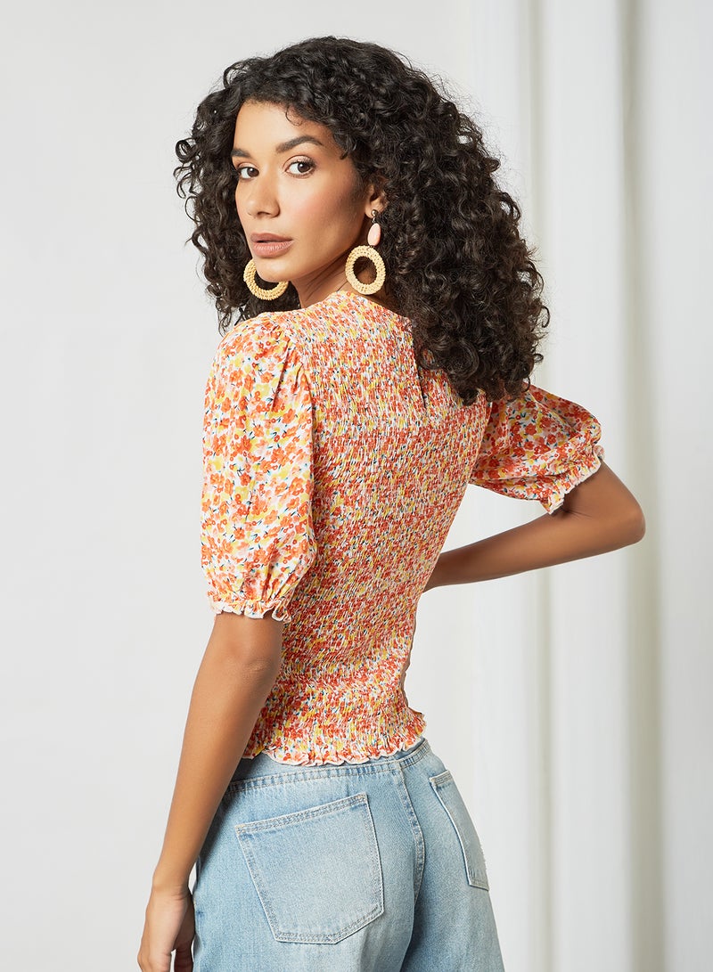 PIECES - Shirred Floral Print Top Multicolour - Image 1