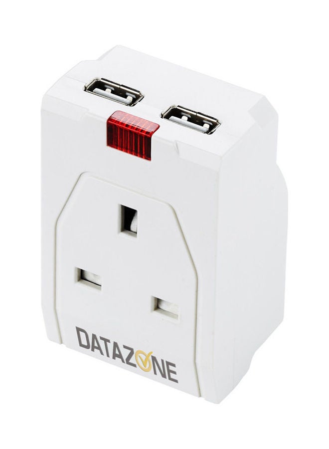 Datazone DZ-PS-05 One Socket Adapter With 2 USB Ports White 11cm - Image 1