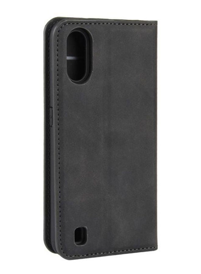 For Samsung Galaxy A01 Business Card Flip Cover AllInclusive AntiDrop Bracket Mobile Phone Protective Cover Case Black 