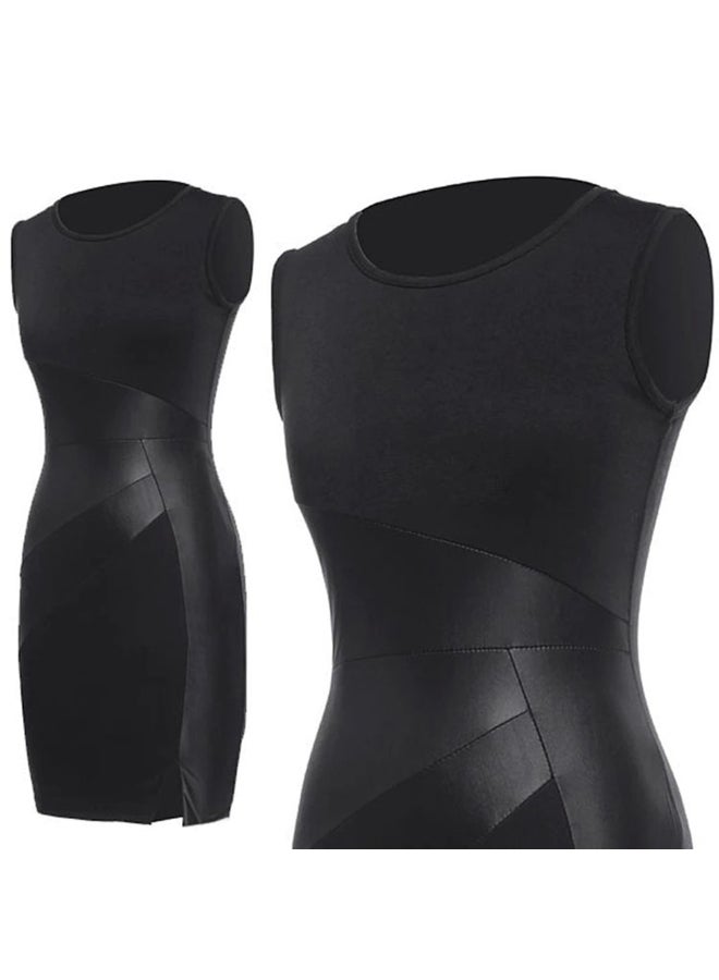 Faux Leather Sleeveless Slim Fit Party Dress Black  - Image 4