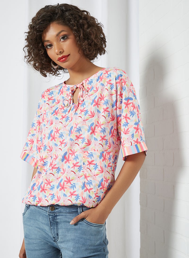 Aila Keyhole Neck Printed Blouse Top White Multicolour  - Image 1