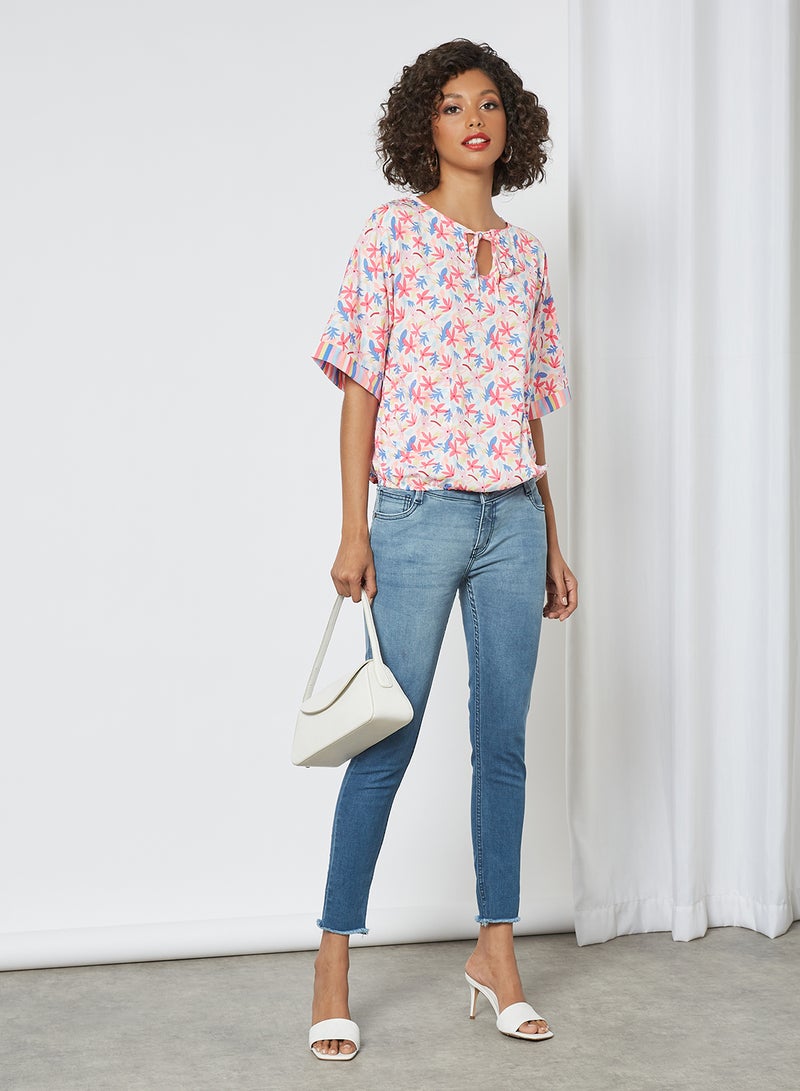 Aila Keyhole Neck Printed Blouse Top White Multicolour  - Image 2