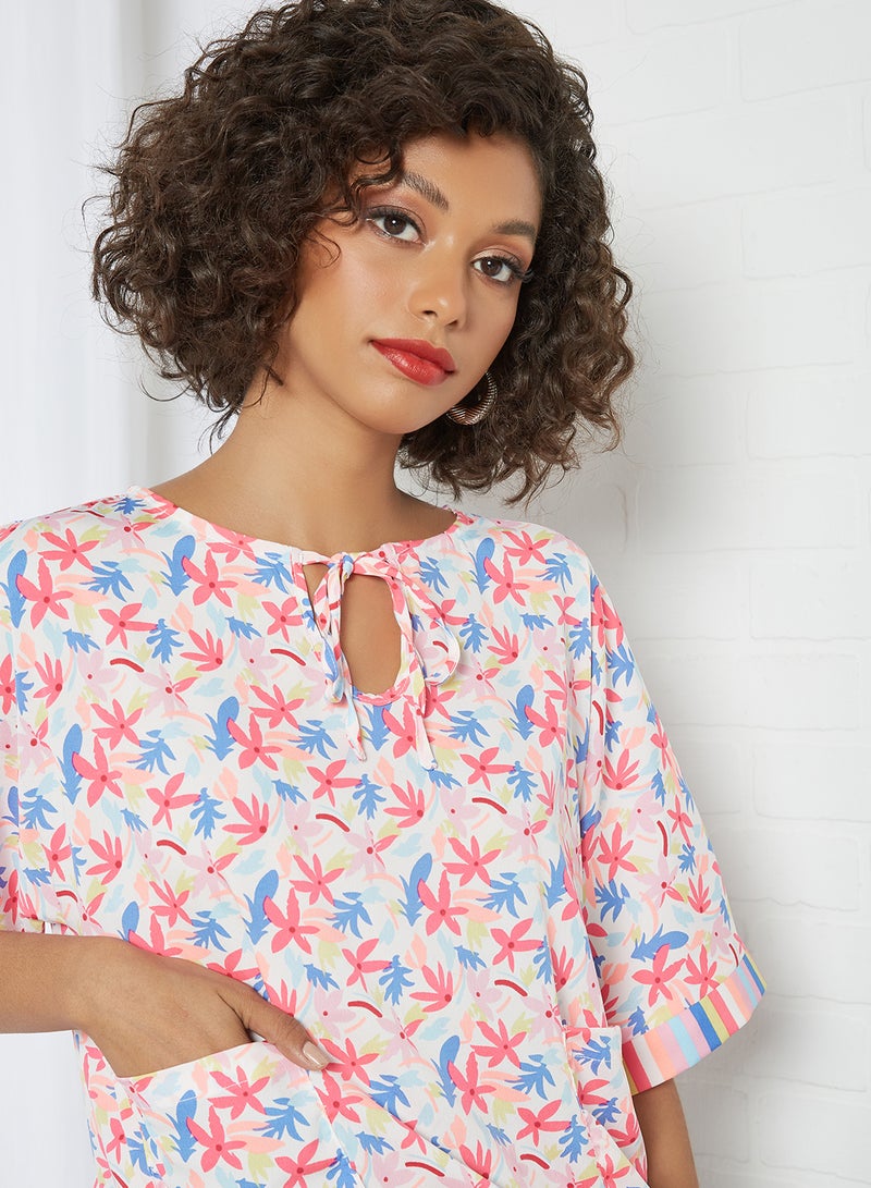 Aila Keyhole Neck Printed Blouse Top White Multicolour  - Image 3