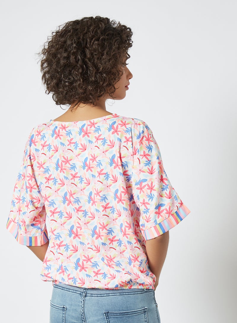 Aila Keyhole Neck Printed Blouse Top White Multicolour  - Image 4