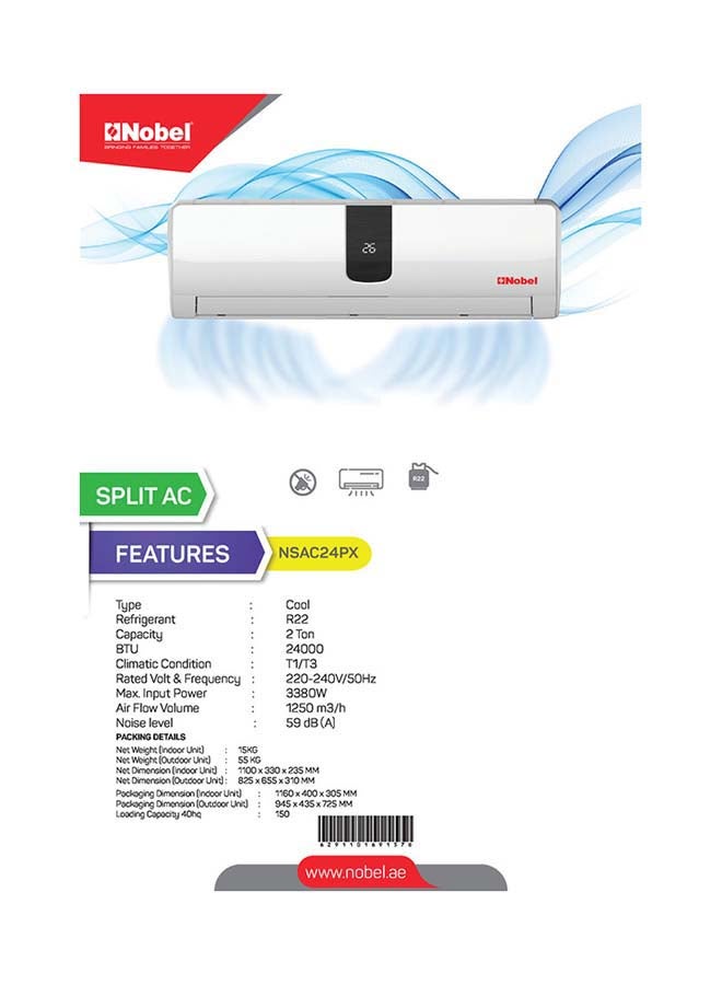 Nobel - Powerful 2 Ton Air Conditioner with 24000 BTU, T3 Climate Rating, and High Airflow Efficiency 2950 W NSAC24PX White - Image 1
