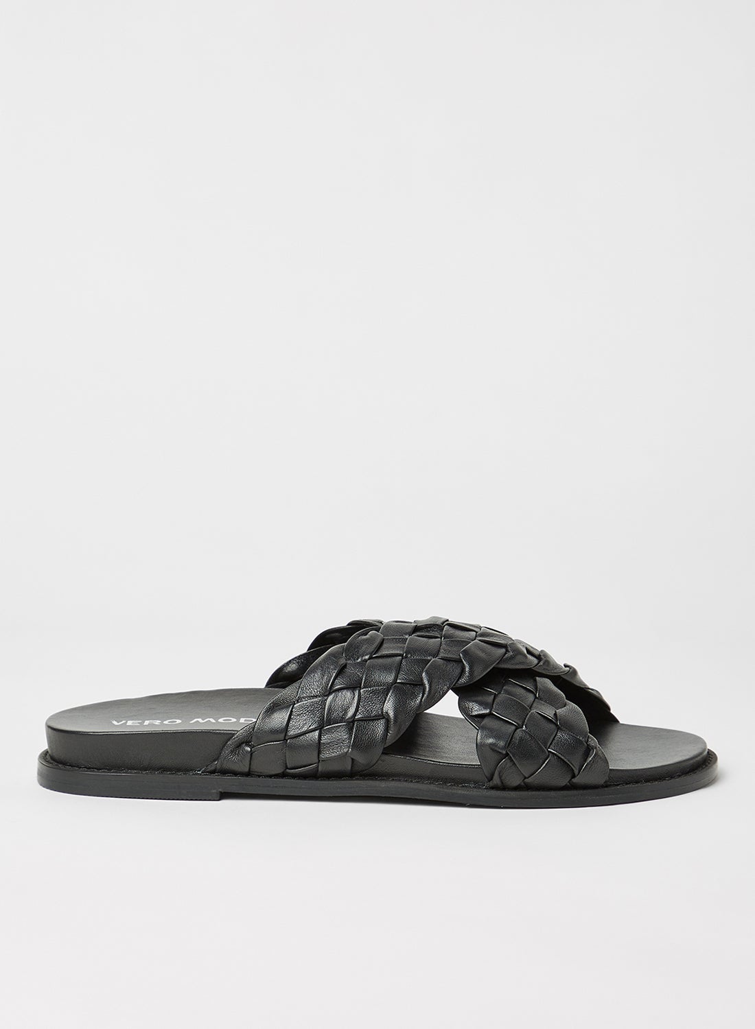 Braided Leather Flat Sandals Black