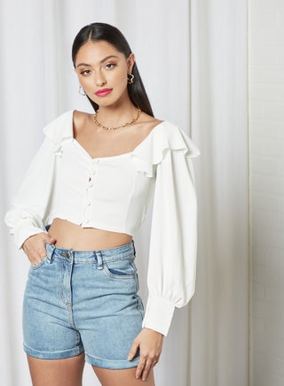 Frill Detail Crop Top White