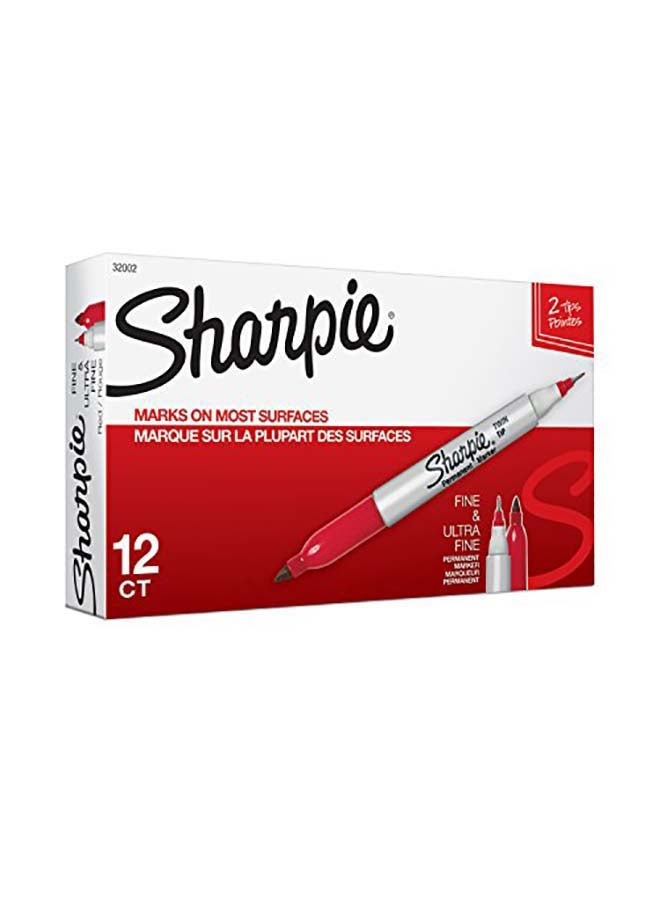 شاربي طقم أقلام ماركر دائمة برأسين، وخط رفيع للغاية، مكون من 12 قطعة. أحمر - Image 1