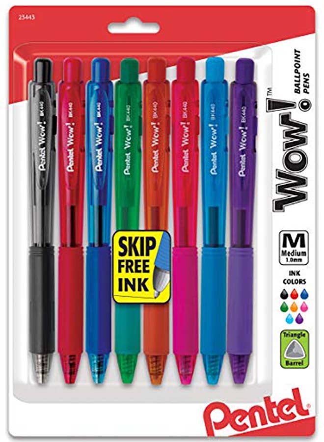 WOW! Colors Retractable Ballpoint Pens, 8 Pack Multicolour