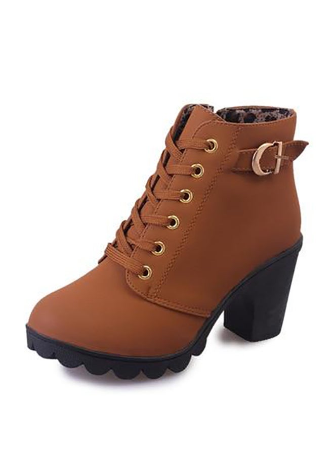 Block Heels Zippered Ankle Boots Brown  - Image 2