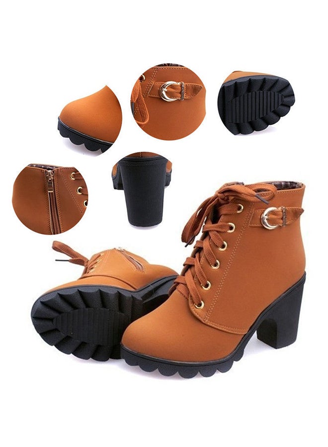 Block Heels Zippered Ankle Boots Brown  - Image 5