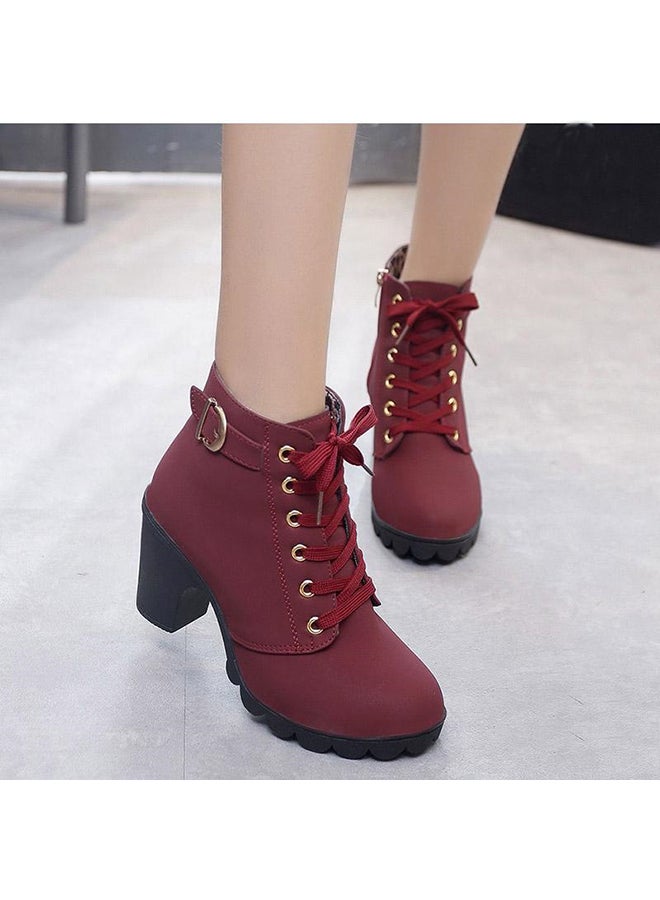 Generic - Block Heels Ankle Boots Maroon - Image 1