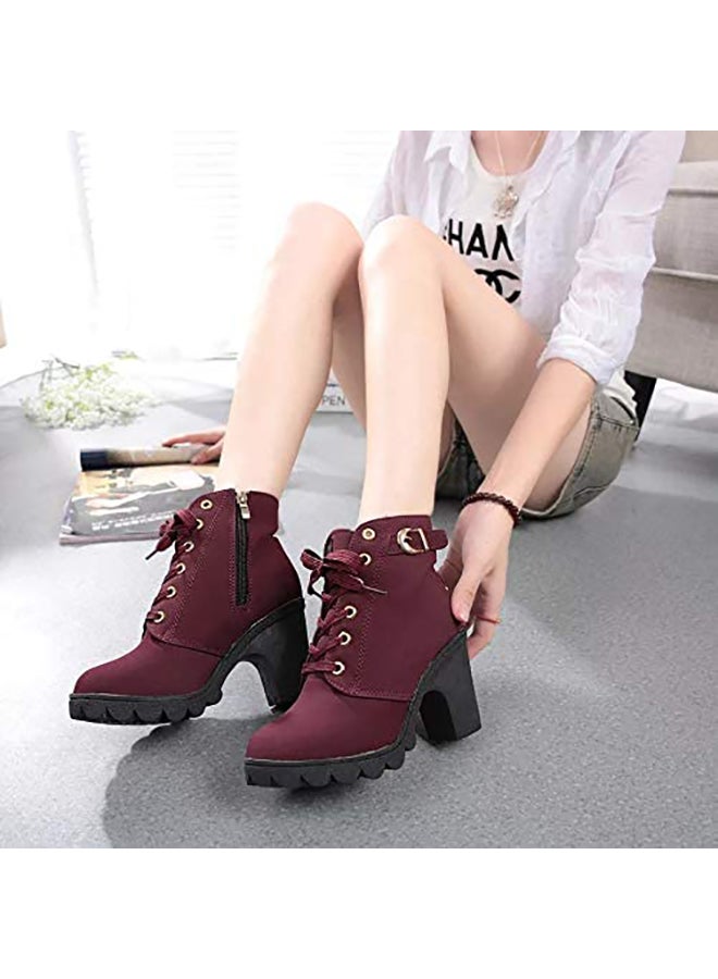 Generic - Block Heels Ankle Boots Maroon - Image 1