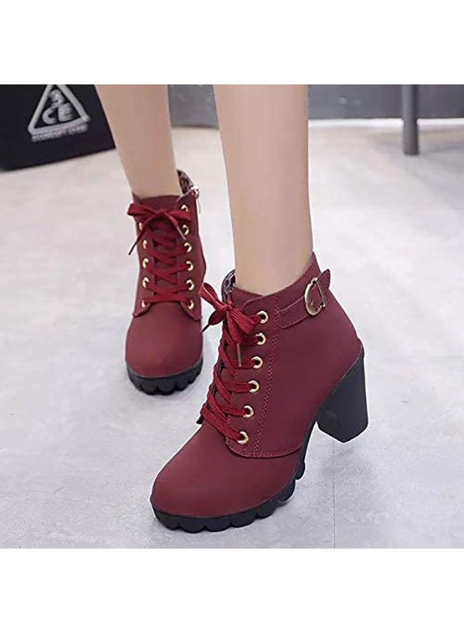 Generic - Block Heels Ankle Boots Maroon - Image 1