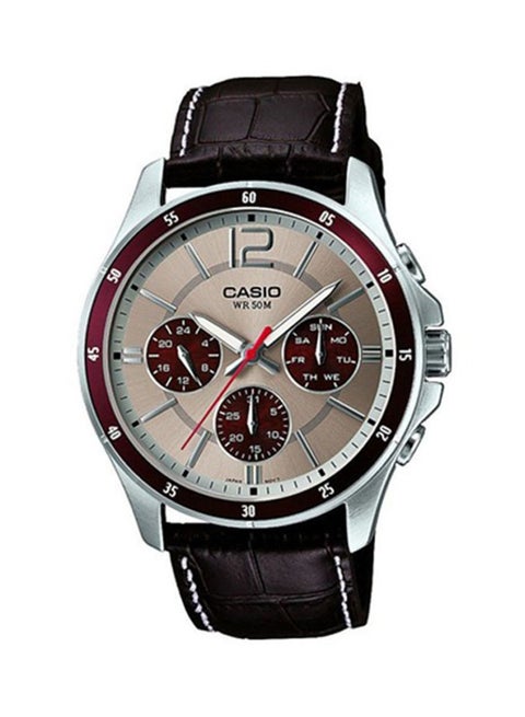 Men's Water Resistant Leather Band Chronograph Watch MTP-1374L-7A1DF - 44 mm - Brown