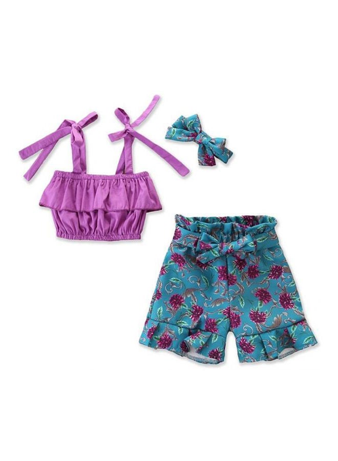 Baby Girl Halter Ruffle Tank Crop Tops + Floral Shorts Pant With Bowknot Two Piece Summer Strap Outfits Multicolour 