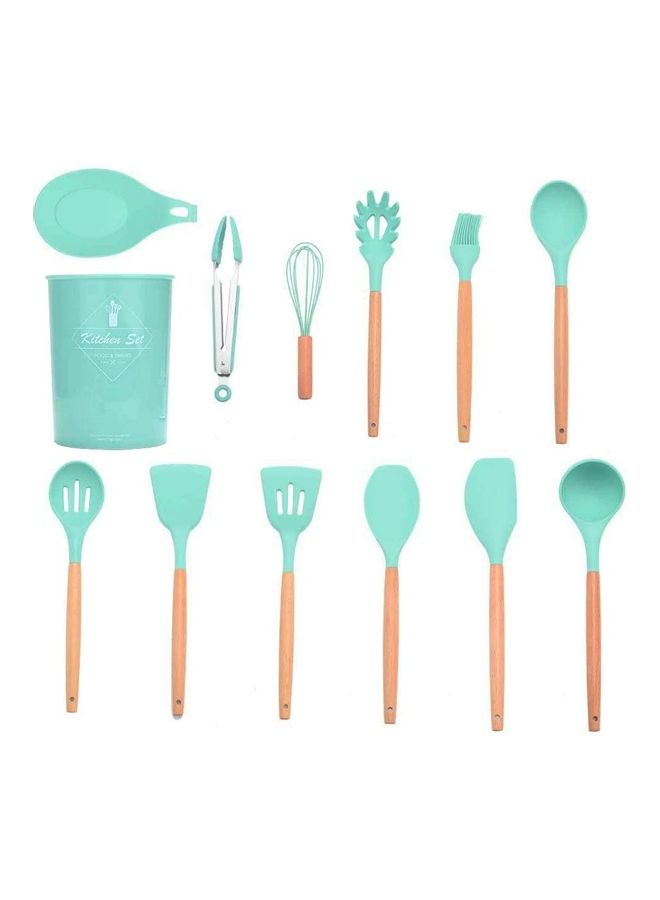 شو وو طقم أدوات مطبخ من السيليكون مزودة بمقابض خشبية مع حامل - من 12 قطعة أخضر / بني One Size - Image 2
