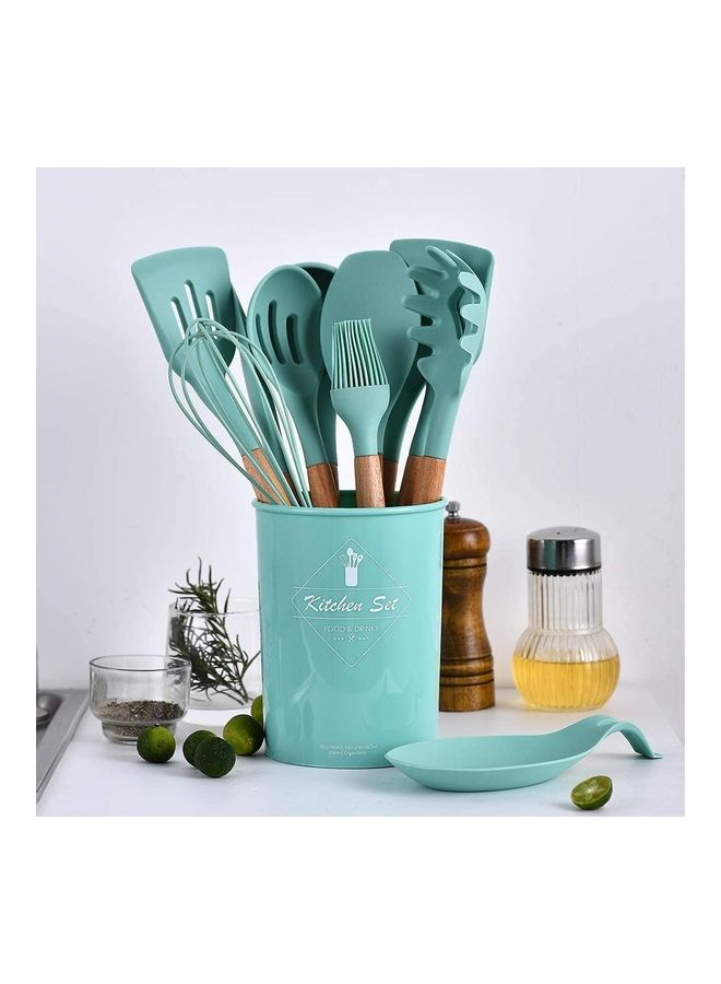 شو وو طقم أدوات مطبخ من السيليكون مزودة بمقابض خشبية مع حامل - من 12 قطعة أخضر / بني One Size - Image 1