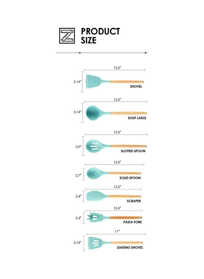 شو وو طقم أدوات مطبخ من السيليكون مزودة بمقابض خشبية مع حامل - من 12 قطعة أخضر / بني One Size - Image 3