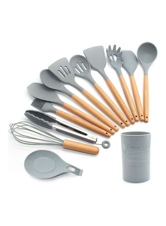 XiuWoo 13-Piece Silicone Wooden Handle Kitchen Utensil Set With Holder Grey/Brown One Size - Image 1