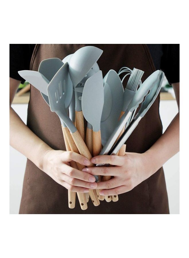 XiuWoo 13-Piece Silicone Wooden Handle Kitchen Utensil Set With Holder Grey/Brown One Size - Image 5
