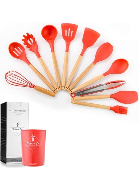 11-Piece Silicone Non-Stick Barreled Cooking Utensil Set Red/Beige One Size
