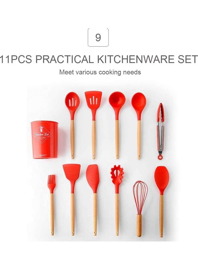 11-Piece Silicone Non-Stick Barreled Cooking Utensil Set Red/Beige One Size