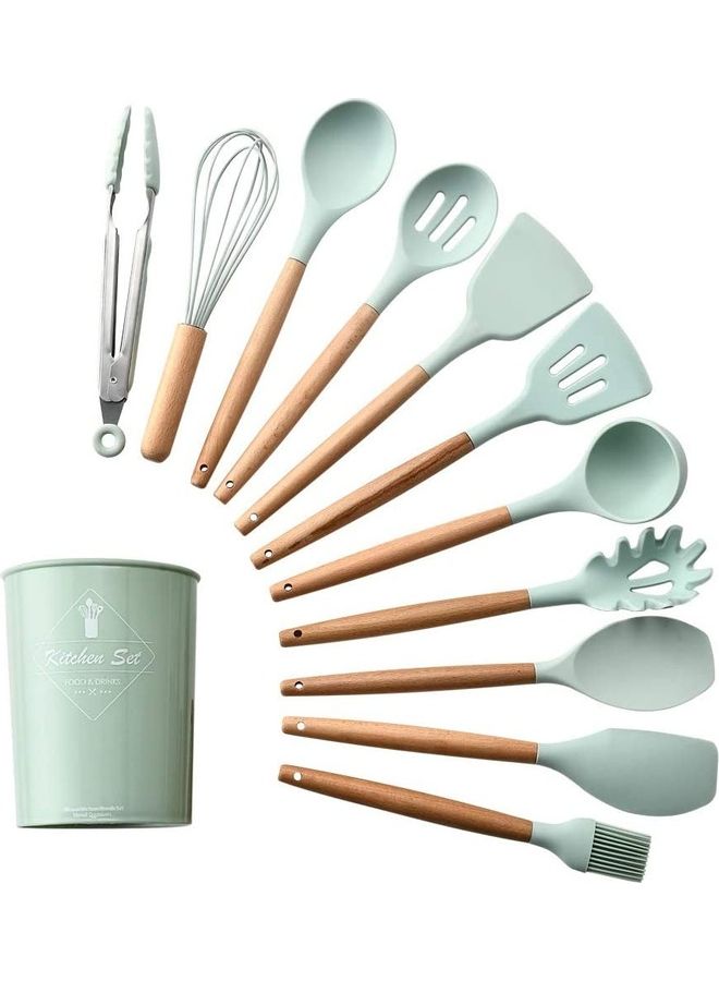 XiuWoo 12-Piece Heat Resistant Non-Stick Silicone Cooking Utensil Set Green/Brown One Size - Image 1