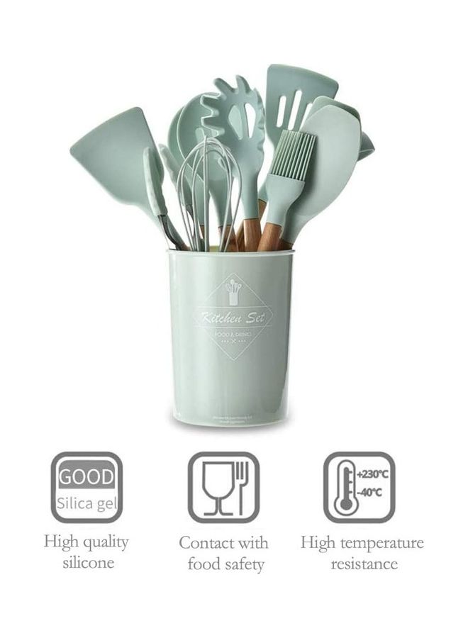 XiuWoo 12-Piece Heat Resistant Non-Stick Silicone Cooking Utensil Set Green/Brown One Size - Image 2