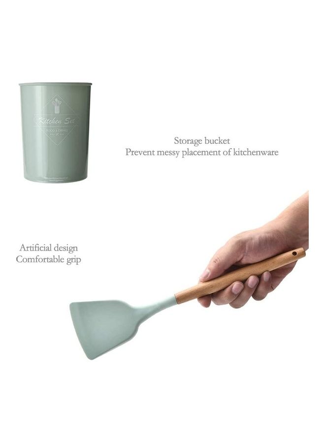 XiuWoo 12-Piece Heat Resistant Non-Stick Silicone Cooking Utensil Set Green/Brown One Size - Image 3