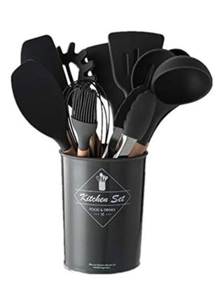 11-Piece Silicone Wooden Handle Kitchen Utensil Set With Holder Black/Brown One Size - v1624597777/N48573195A_2