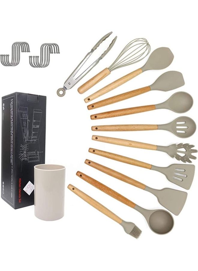XiuWoo 11-Piece Silicone Wooden Handle Kitchen Utensil Set With Holder and Hanger Hook Multicolour One Size - Image 1