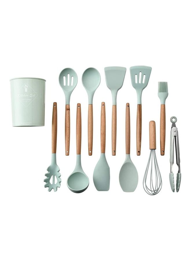 XiuWoo 12-Piece Silicone Wooden Handle Kitchen Utensil Set With Holder Green/Brown One Size  - Image 2
