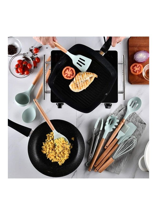 XiuWoo 12-Piece Silicone Wooden Handle Kitchen Utensil Set With Holder Green/Brown One Size  - Image 3