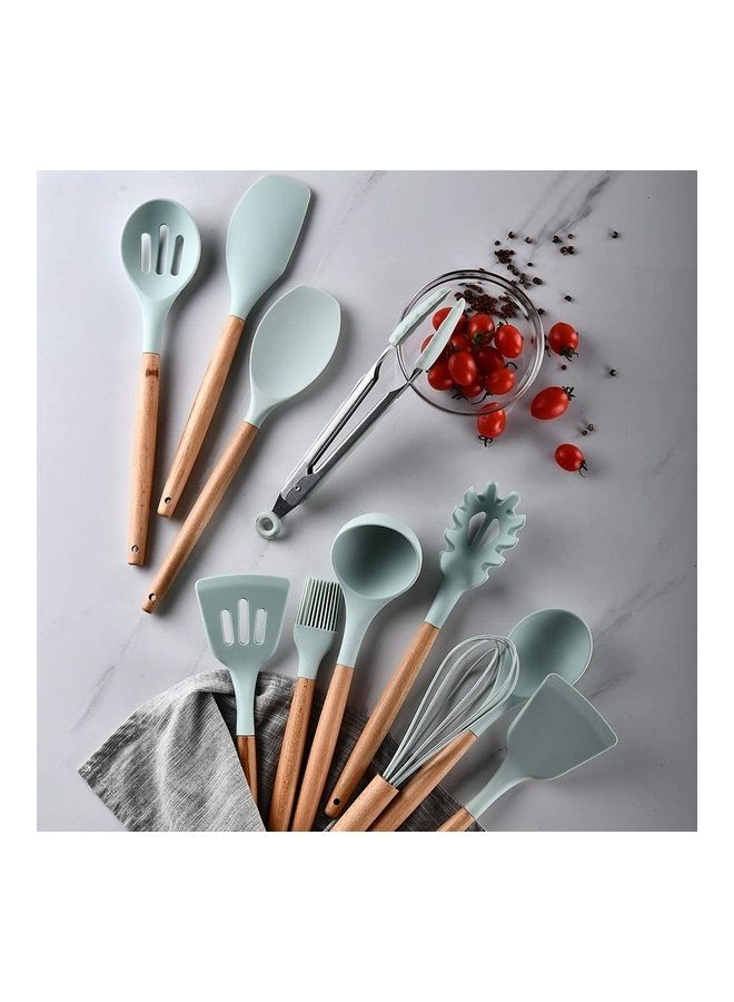 XiuWoo 12-Piece Silicone Wooden Handle Kitchen Utensil Set With Holder Green/Brown One Size  - Image 4