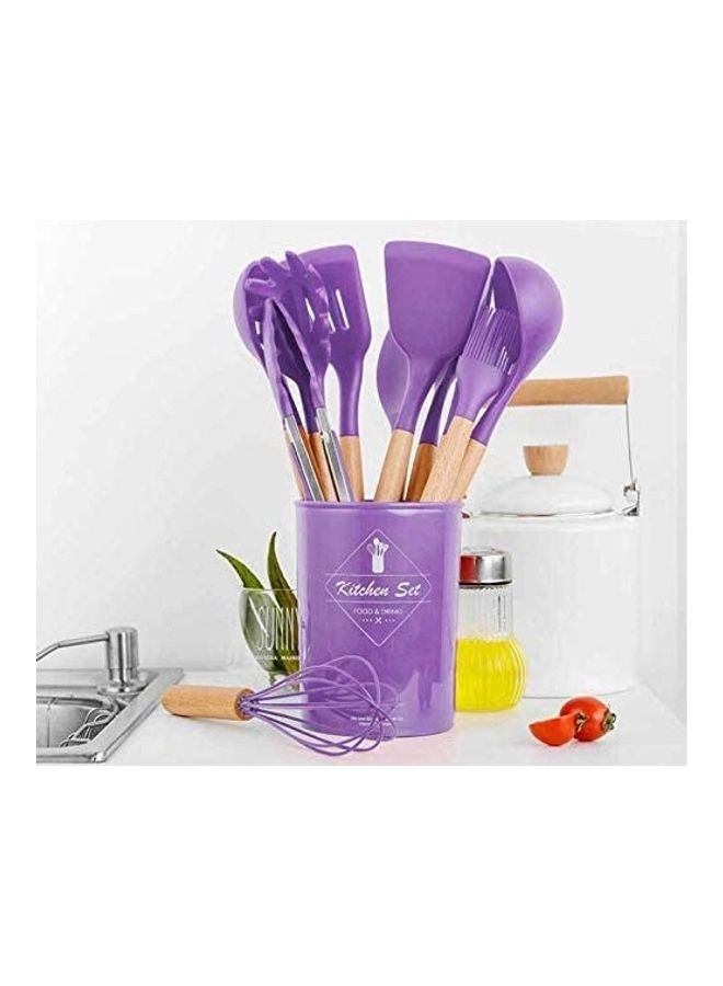 XiuWoo 12-Piece Silicone Wooden Handle Kitchen Utensil Set With Holder Purple/Brown One Size - Image 1
