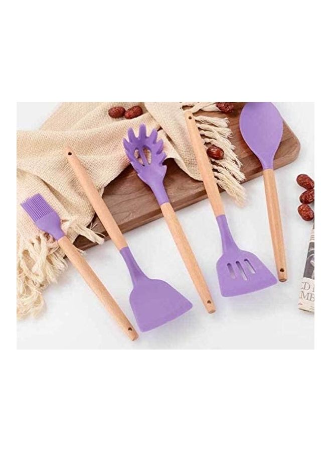XiuWoo 12-Piece Silicone Wooden Handle Kitchen Utensil Set With Holder Purple/Brown One Size - Image 3