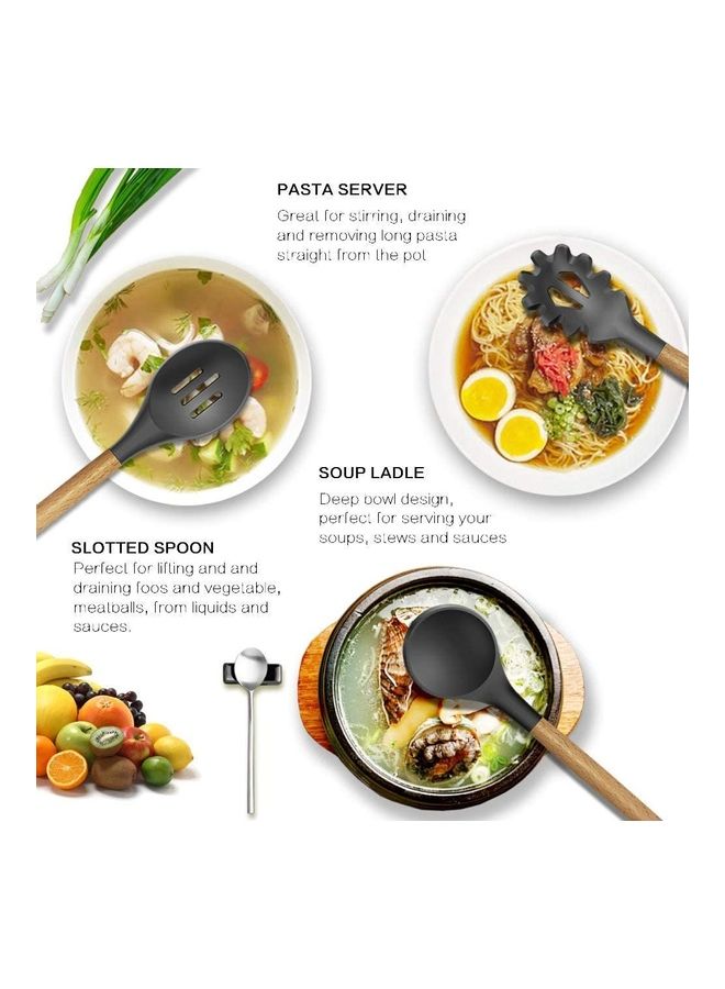 XiuWoo 11-Piece Silicone Wooden Handle Kitchen Utensil Set With Holder and 10 Hanging Hook Black/Brown One Size - Image 3