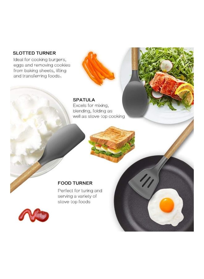 XiuWoo 11-Piece Silicone Wooden Handle Kitchen Utensil Set With Holder and 10 Hanging Hook Black/Brown One Size - Image 4