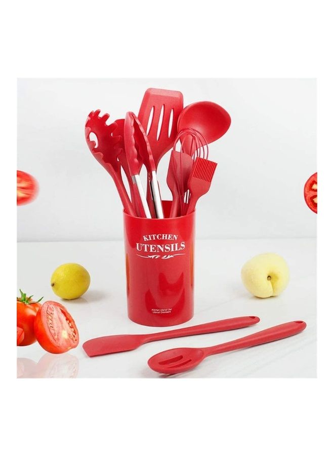 XiuWoo 11-Piece Heat Resistant Non-Stick Silicone Cooking Utensil Set Red/Silver One Size - Image 2