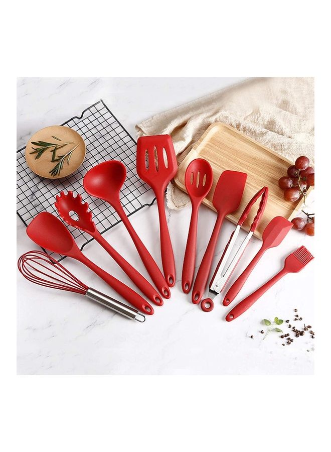 XiuWoo 11-Piece Heat Resistant Non-Stick Silicone Cooking Utensil Set Red/Silver One Size - Image 3