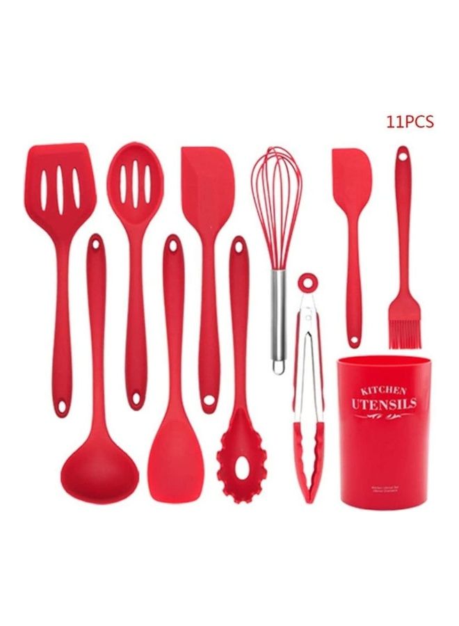 XiuWoo 11-Piece Heat Resistant Non-Stick Silicone Cooking Utensil Set Red/Silver One Size - Image 1