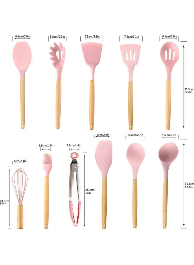 شو وو طقم أدوات مطبخ من السيليكون مزودة بمقابض خشبية مع حامل - من 12 قطعة زهري/بني One Size  - Image 3