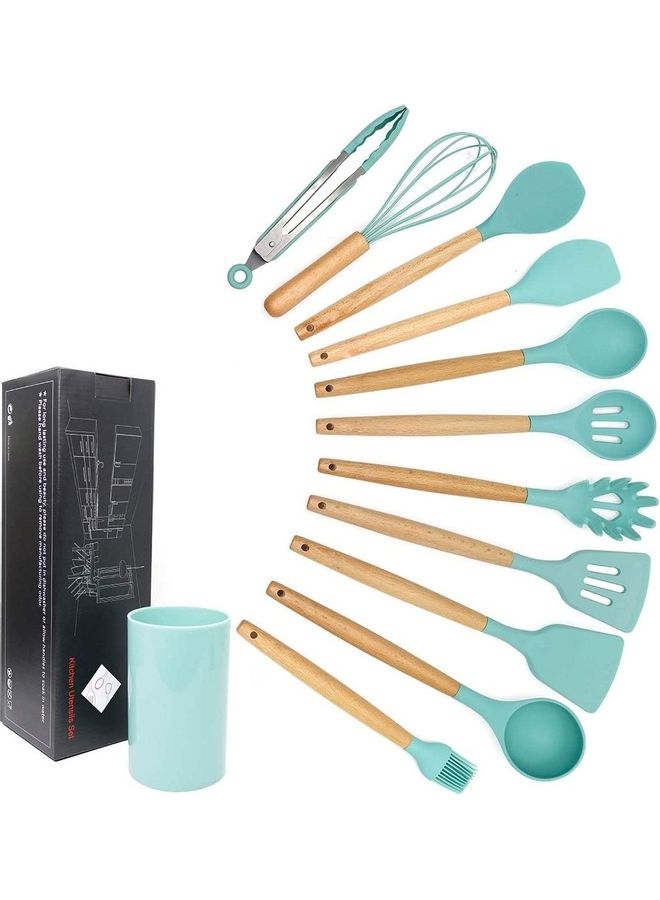 XiuWoo 11-Piece Silicone Wooden Handle Kitchen Utensil Set With Holder Green/Brown One Size - Image 1